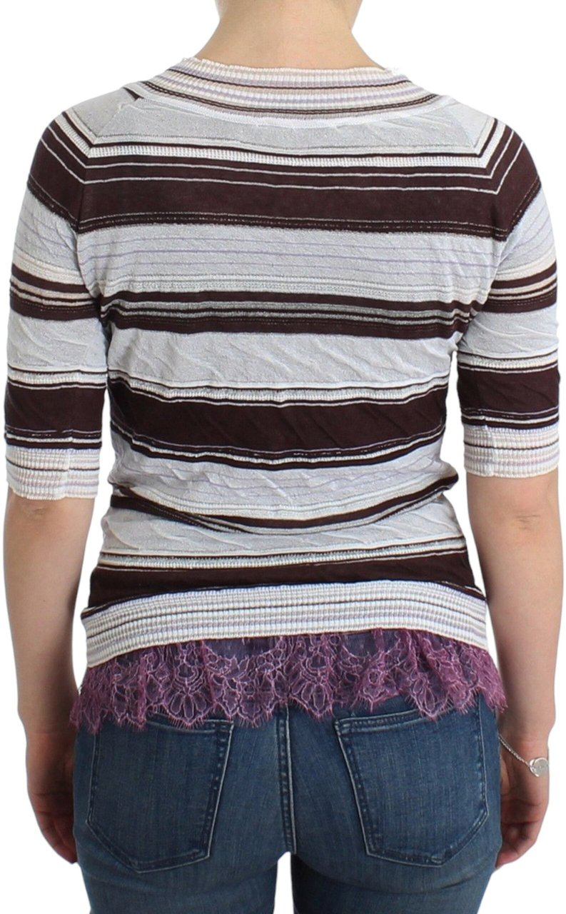 Ermanno Scervino Striped Lace V-Neck Short Sleeve Top Sweater Bruin