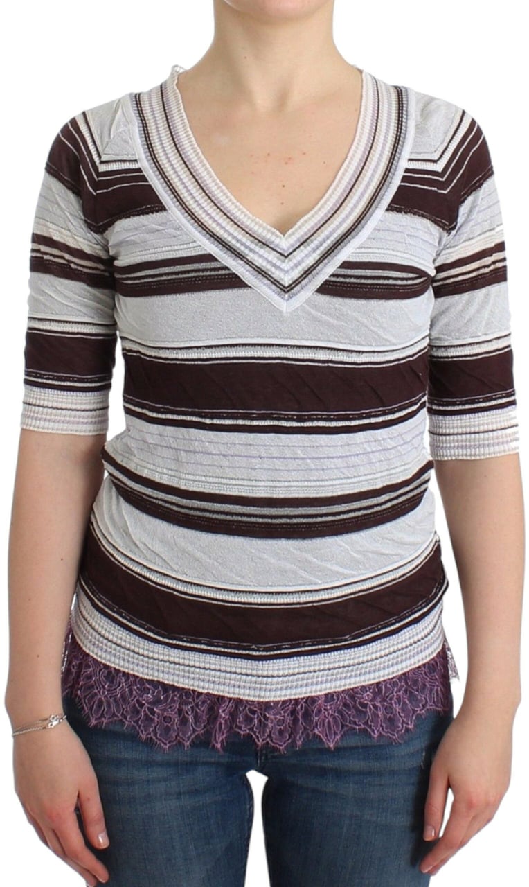 Ermanno Scervino Striped Lace V-Neck Short Sleeve Top Sweater Bruin