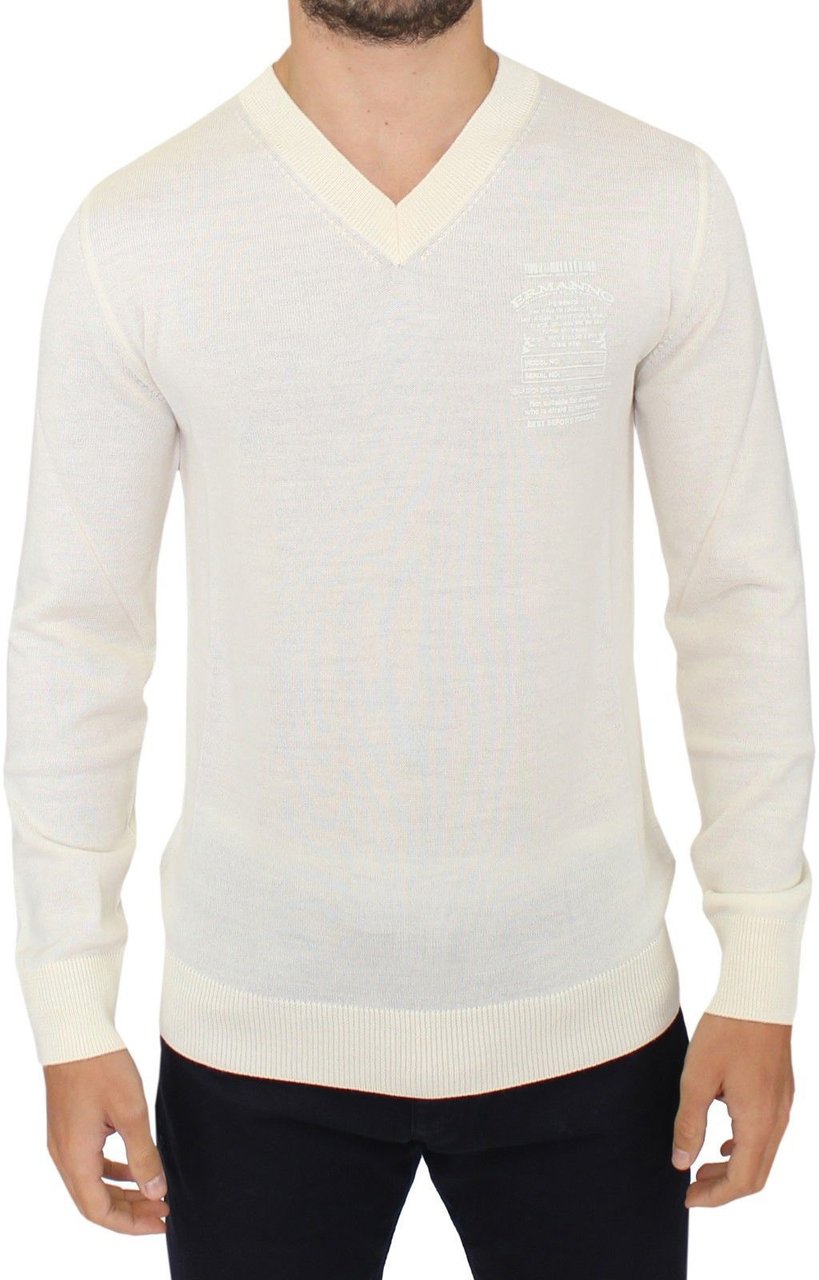 Ermanno Scervino Off White Wool Blend V-neck Pullover Sweater Wit