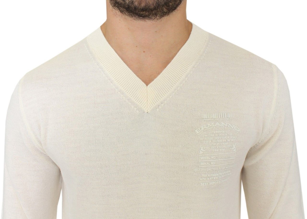 Ermanno Scervino Off White Wool Blend V-neck Pullover Sweater Wit