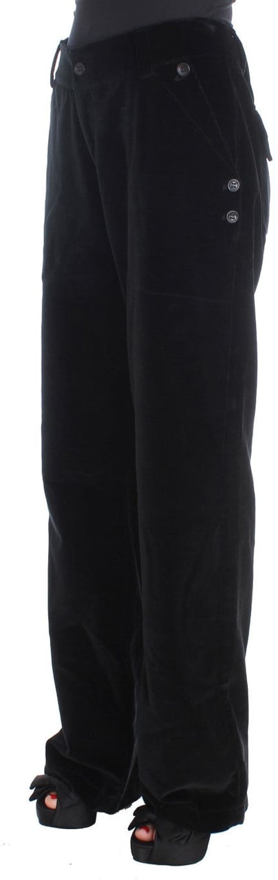 Ermanno Scervino Black Velvet Cotton Straight Legs Pants Zwart