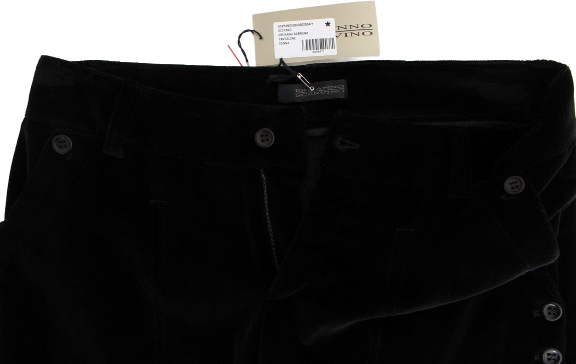 Ermanno Scervino Black Velvet Cotton Straight Legs Pants Zwart