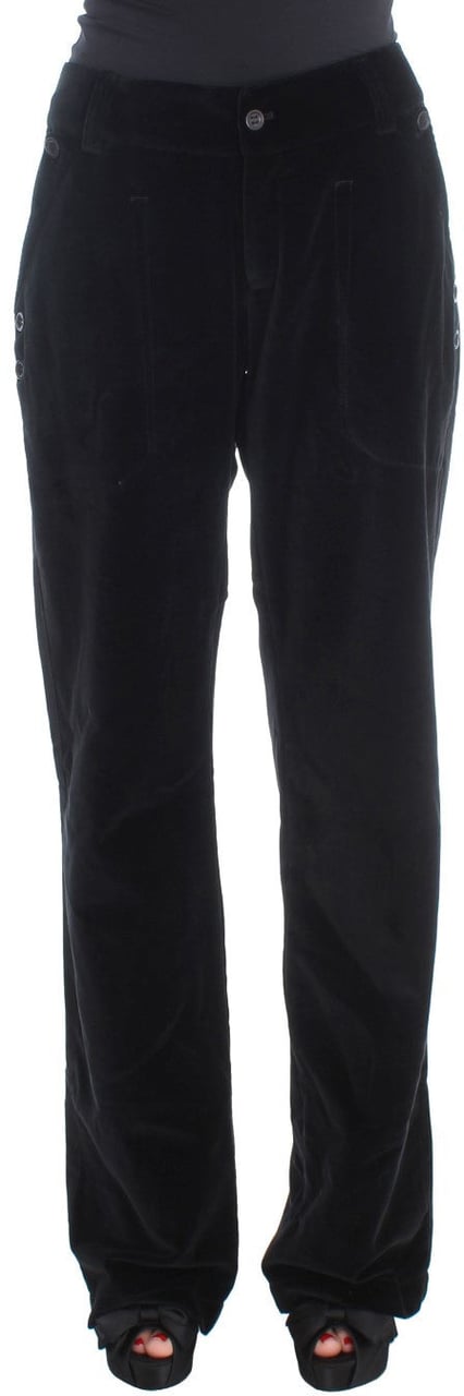 Ermanno Scervino Black Velvet Cotton Straight Legs Pants Zwart