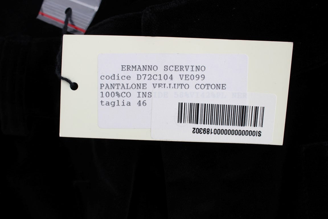 Ermanno Scervino Black Velvet Cotton Straight Legs Pants Zwart
