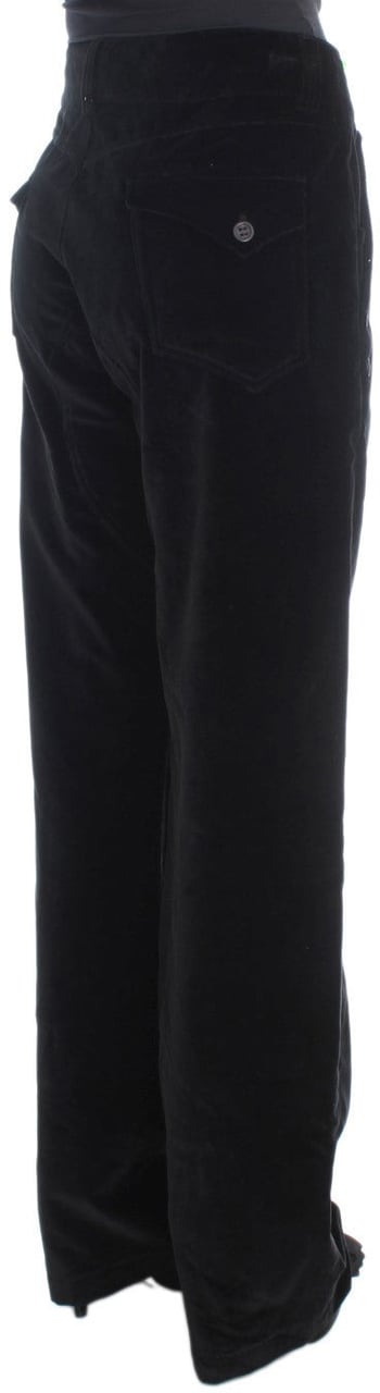 Ermanno Scervino Black Velvet Cotton Straight Legs Pants Zwart