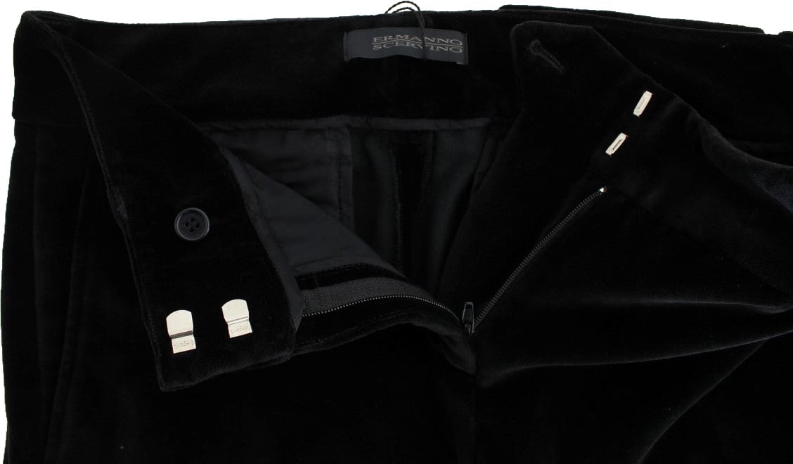 Ermanno Scervino Black Velvet Cotton Straight Legs Pants Zwart