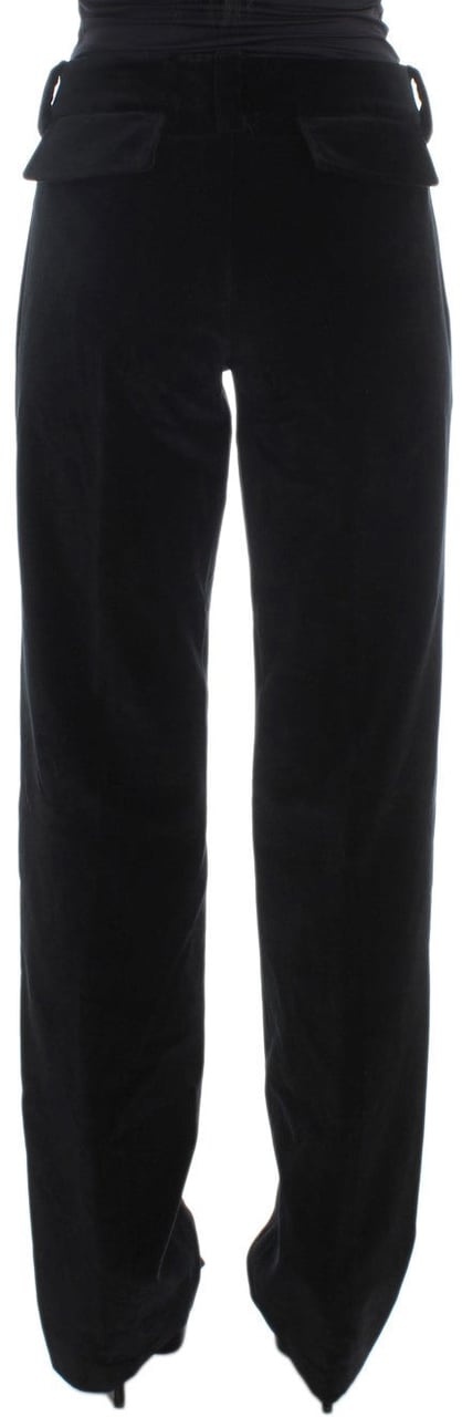 Ermanno Scervino Black Velvet Cotton Straight Legs Pants Zwart