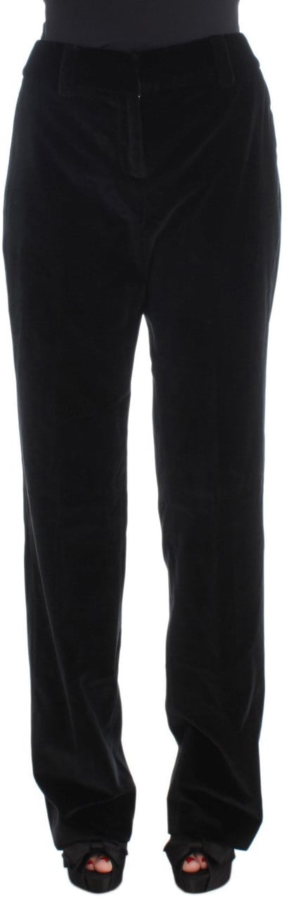 Ermanno Scervino Black Velvet Cotton Straight Legs Pants Zwart