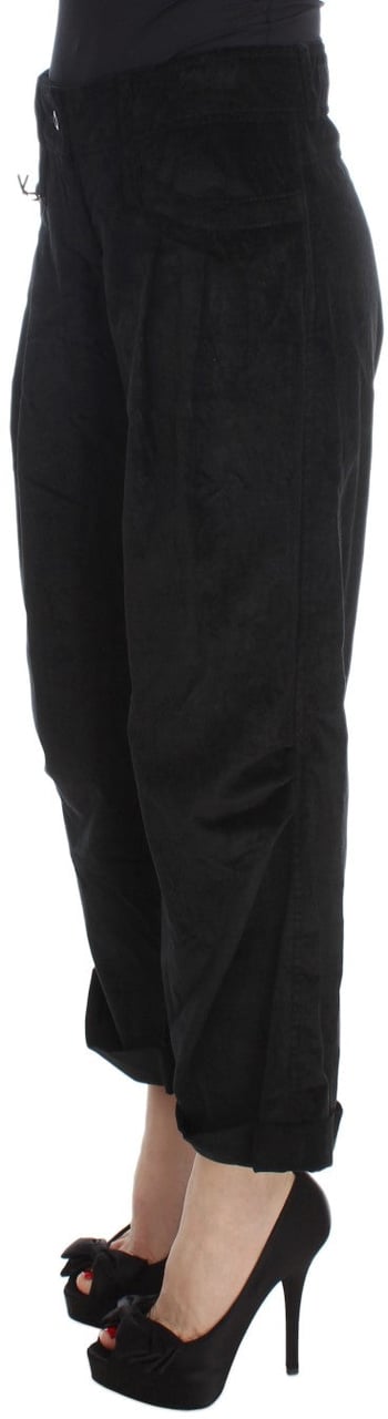 Ermanno Scervino Black Velvet Cotton Capri Bootcut Pants Zwart