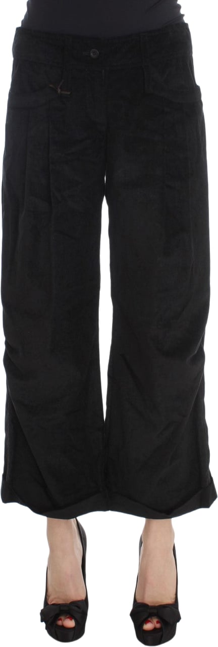 Ermanno Scervino Black Velvet Cotton Capri Bootcut Pants Zwart