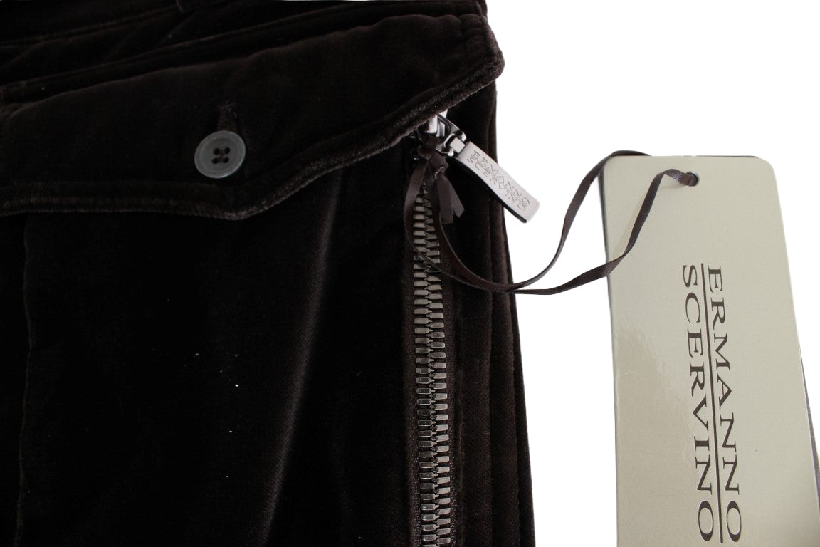 Ermanno Scervino Brown Cotton Velvet Zippers Slim Fit Pants Bruin