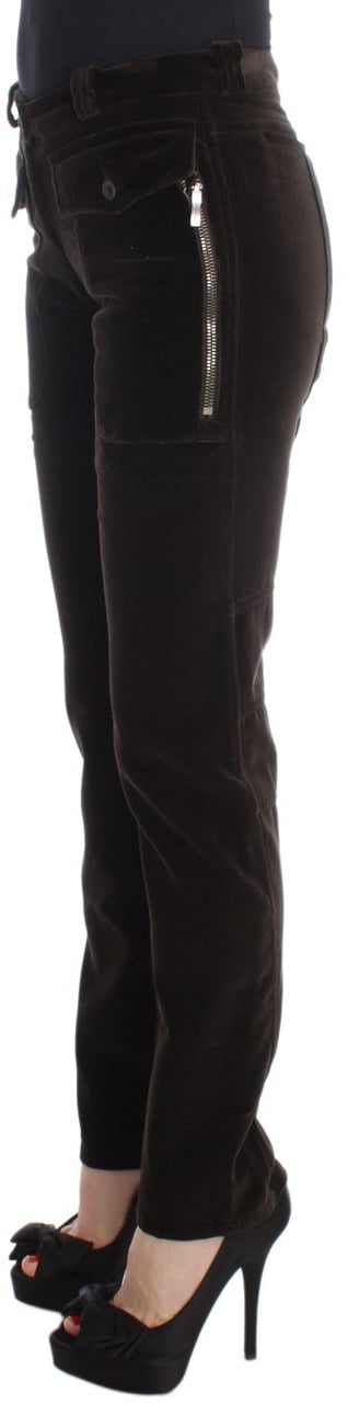 Ermanno Scervino Brown Cotton Velvet Zippers Slim Fit Pants Bruin