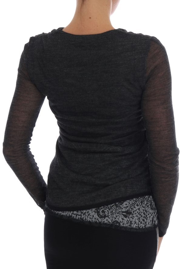 Ermanno Scervino Gray Wool Lace Top Long Sleeved T-shirt Paars