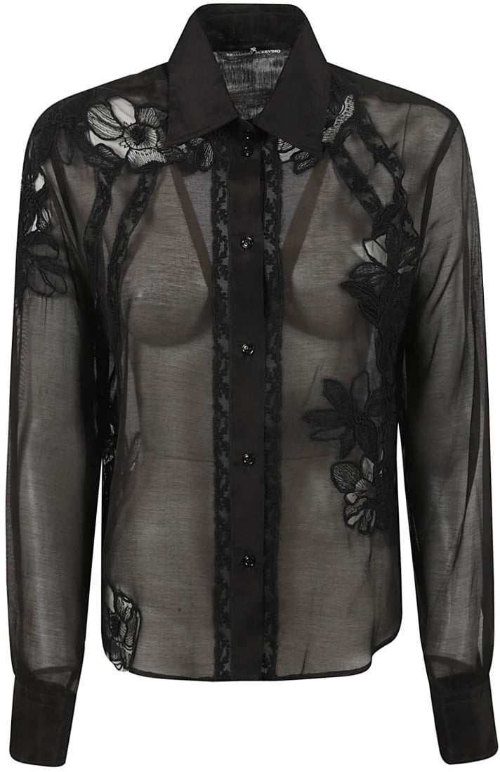 Ermanno Scervino Sheer Black Shirt With Floral Embroidery Zwart