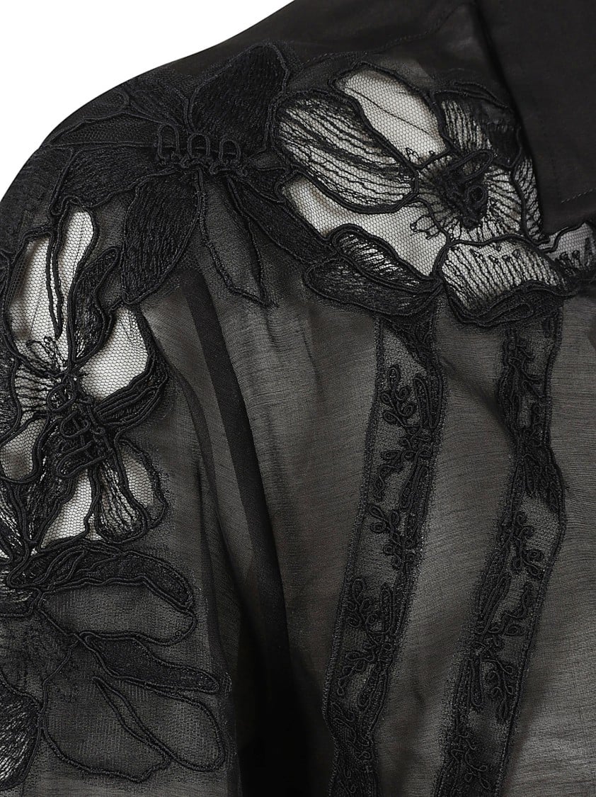 Ermanno Scervino Sheer Black Shirt With Floral Embroidery Zwart