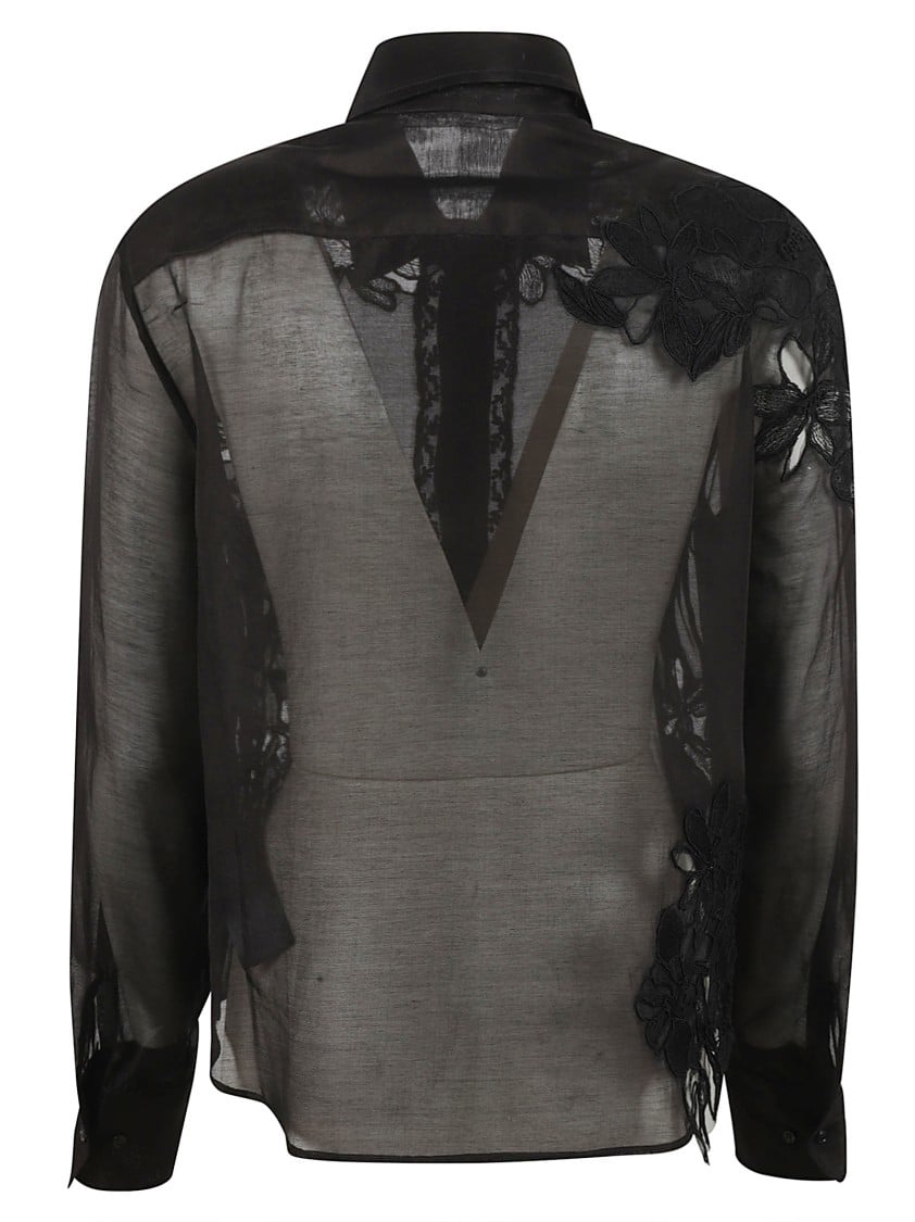 Ermanno Scervino Sheer Black Shirt With Floral Embroidery Zwart