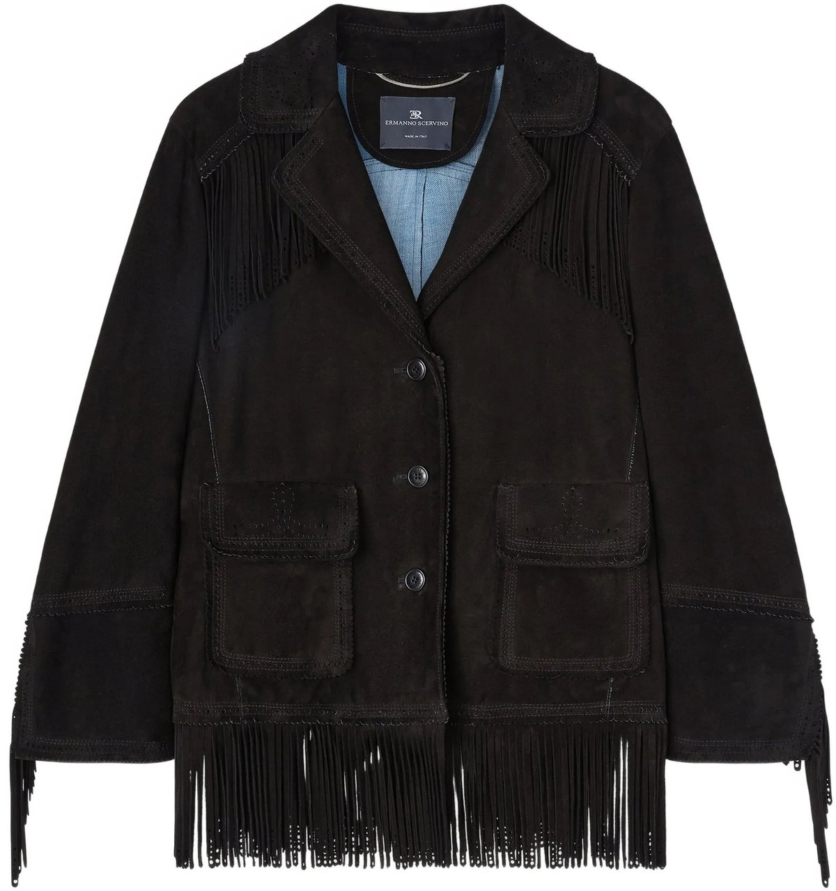 Ermanno Scervino Single-Breasted Brown Suede Fringe Jacket Zwart