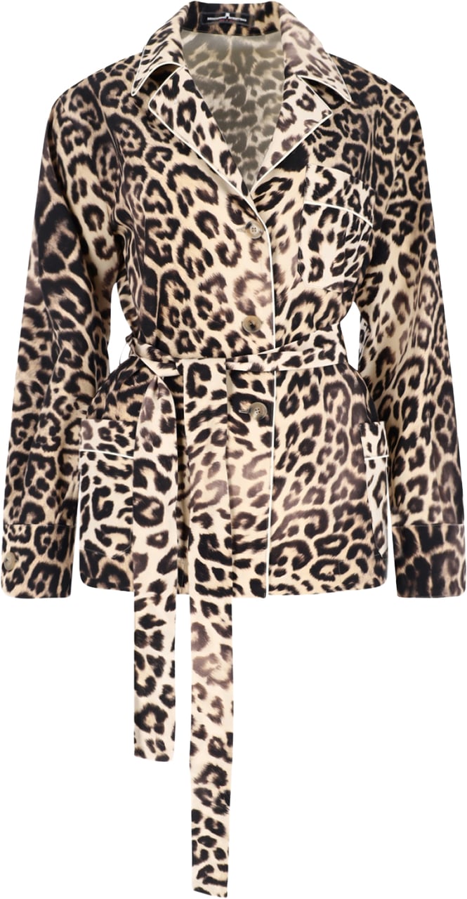 Ermanno Scervino Brown Silk Pajama Shirt, All-Over Animal Print Bruin