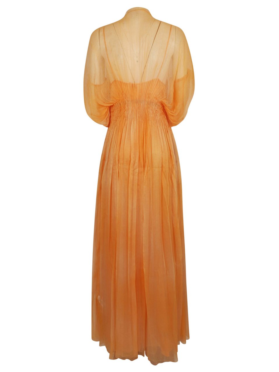 Ermanno Scervino Pure Silk Maxi Dress with Pleating and Buttoned Neckline Oranje