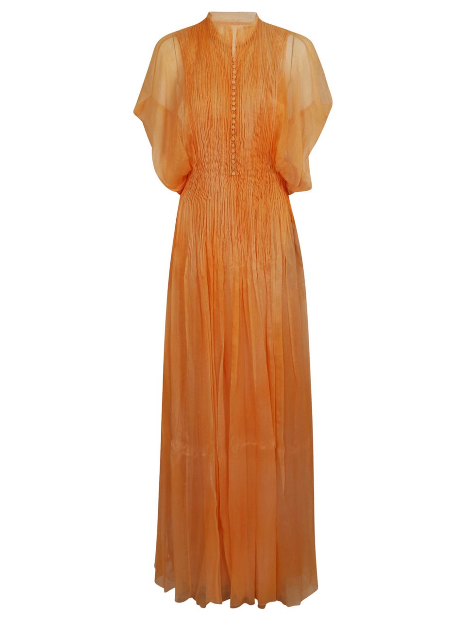 Ermanno Scervino Pure Silk Maxi Dress with Pleating and Buttoned Neckline Oranje
