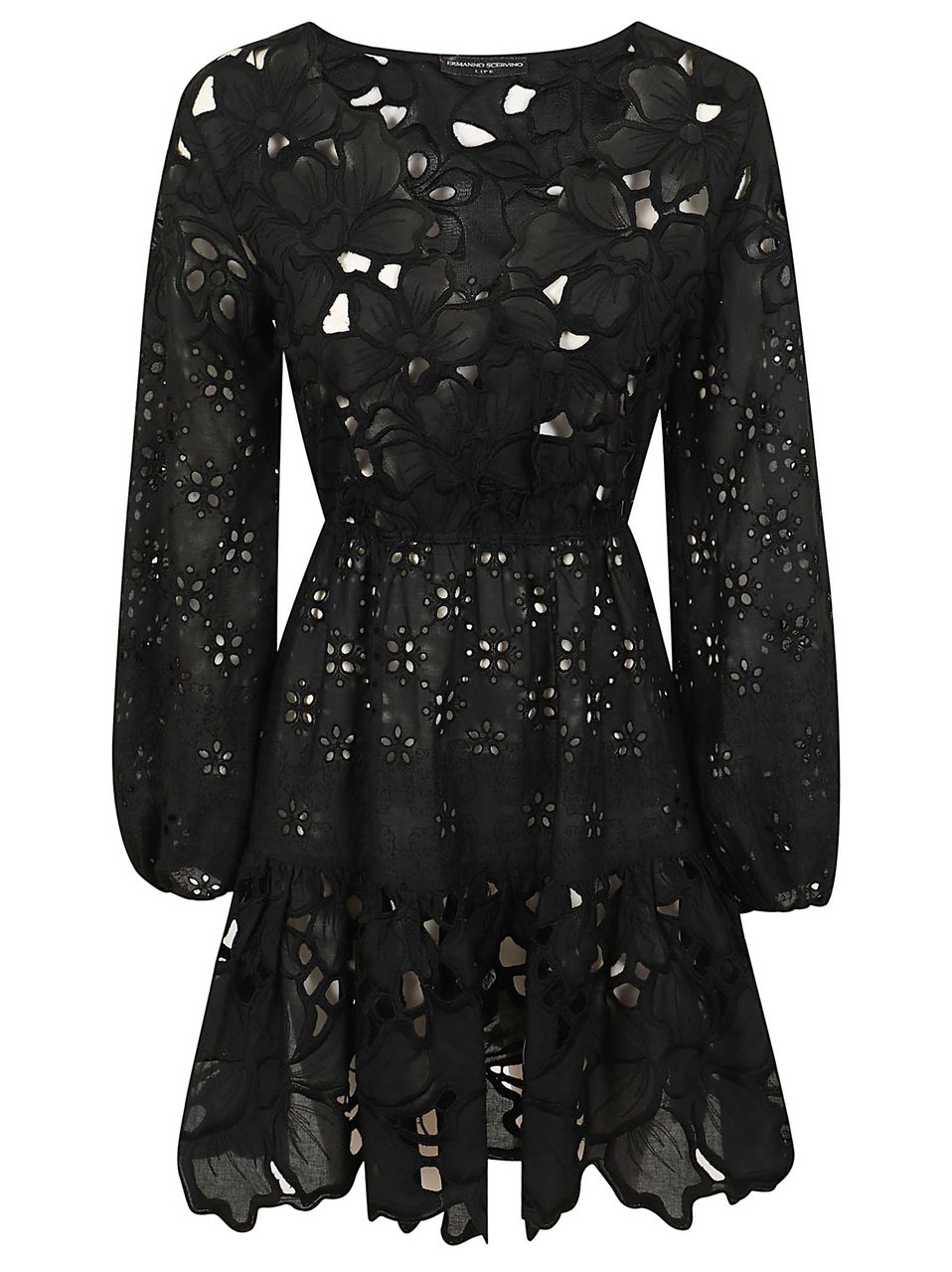 Ermanno Scervino Intricate Black Macramé Mini Dress with Elasticized Waist Zwart