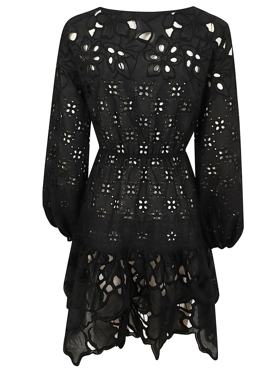 Ermanno Scervino Intricate Black Macramé Mini Dress with Elasticized Waist Zwart