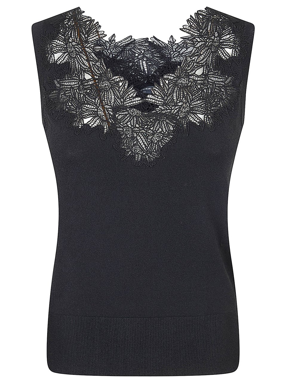 Ermanno Scervino Sleeveless V-Neck Knit Tank Top with Lace Embellishment Zwart