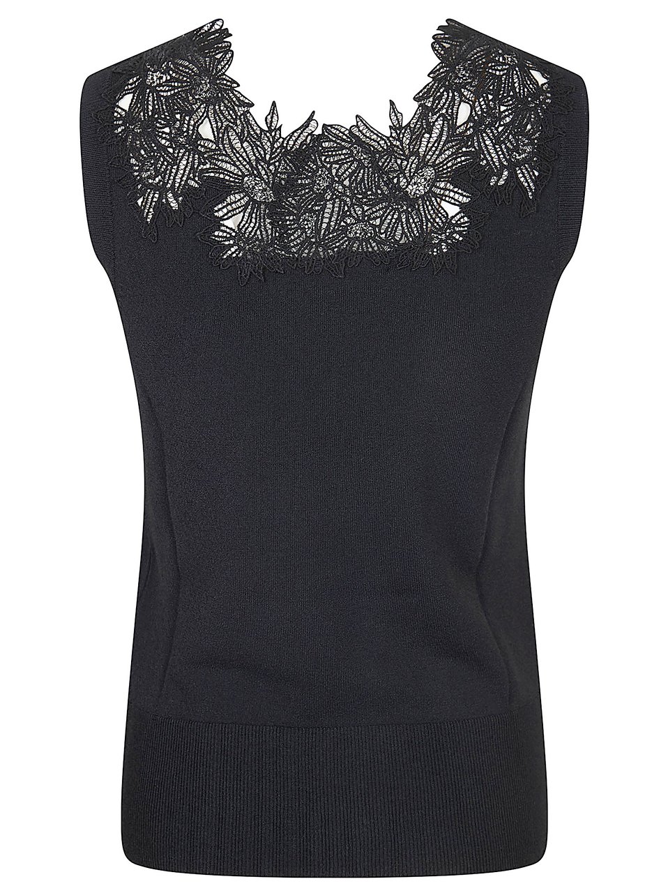 Ermanno Scervino Sleeveless V-Neck Knit Tank Top with Lace Embellishment Zwart