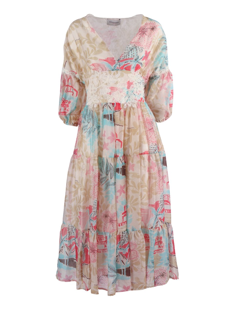 Ermanno Scervino Puffed Sleeve Floral Midi Dress Roze