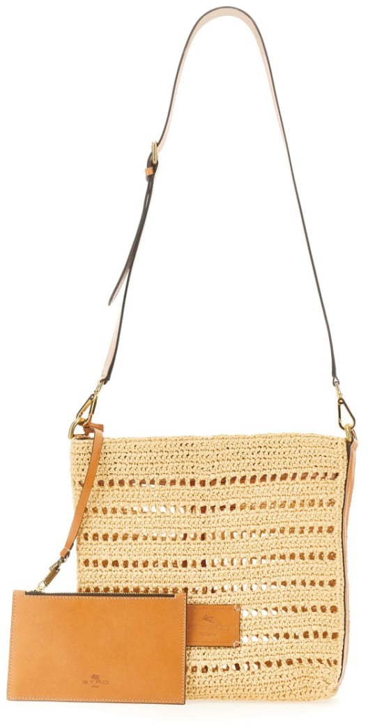 Etro Perforated Raffia Shoulder Bag Neutraal