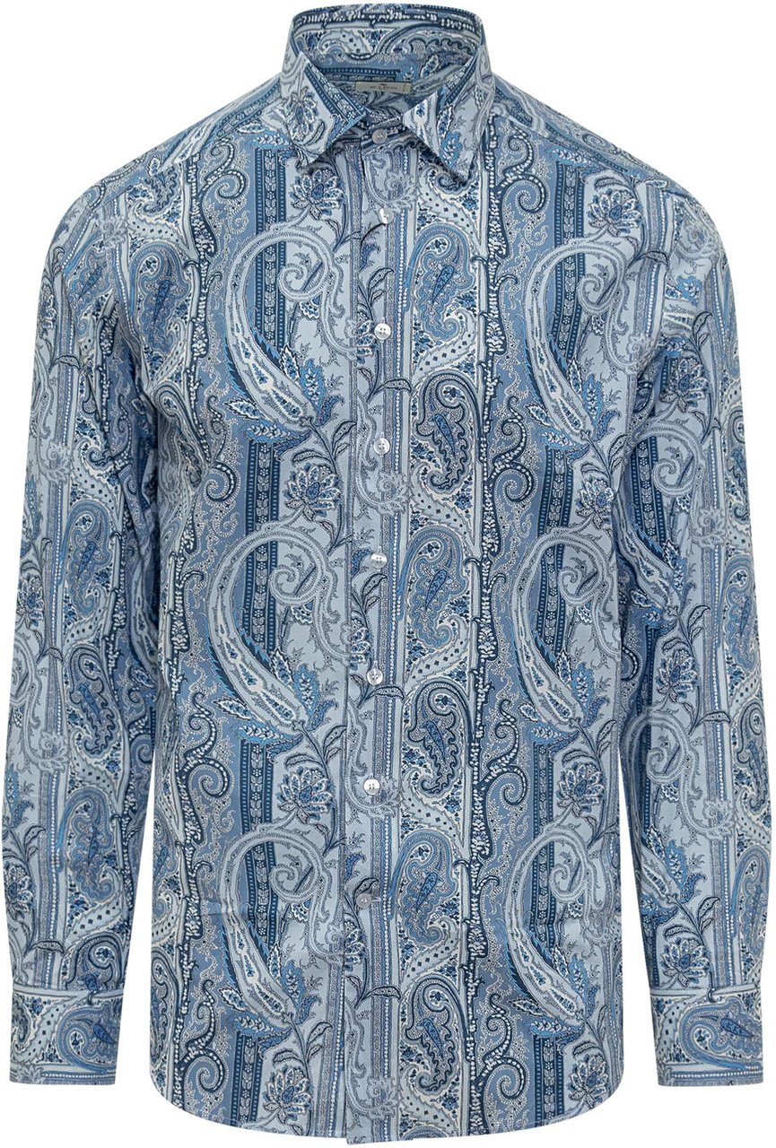 Etro Camicia Slim Fit con Micro Paisley Blauw