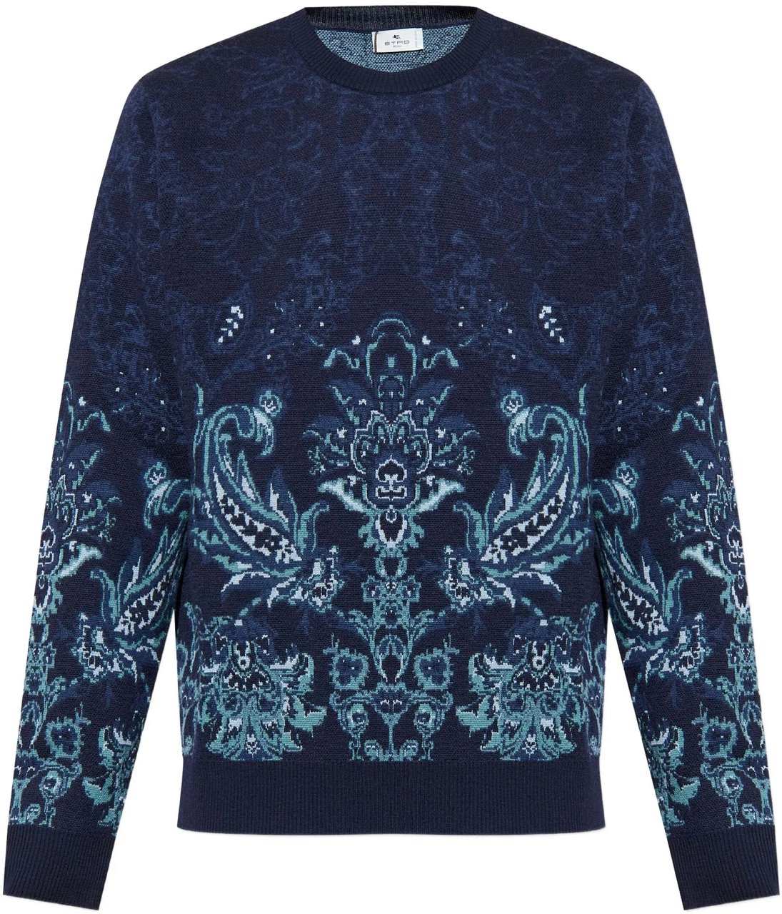 Etro Jacquard Floral Navy Wool Knit Sweater Zwart