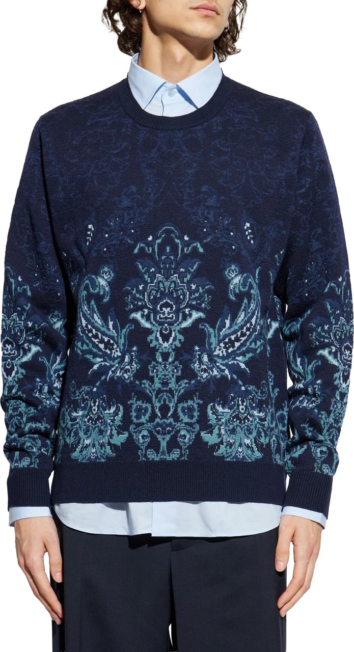 Etro Jacquard Floral Navy Wool Knit Sweater Zwart