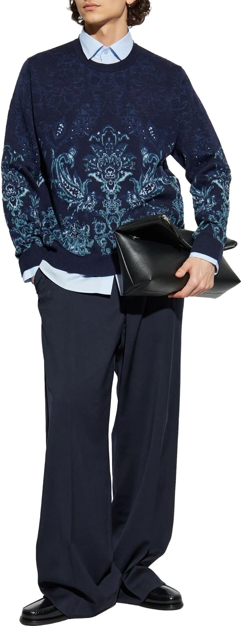 Etro Jacquard Floral Navy Wool Knit Sweater Zwart