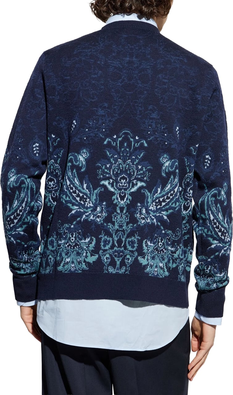Etro Jacquard Floral Navy Wool Knit Sweater Zwart