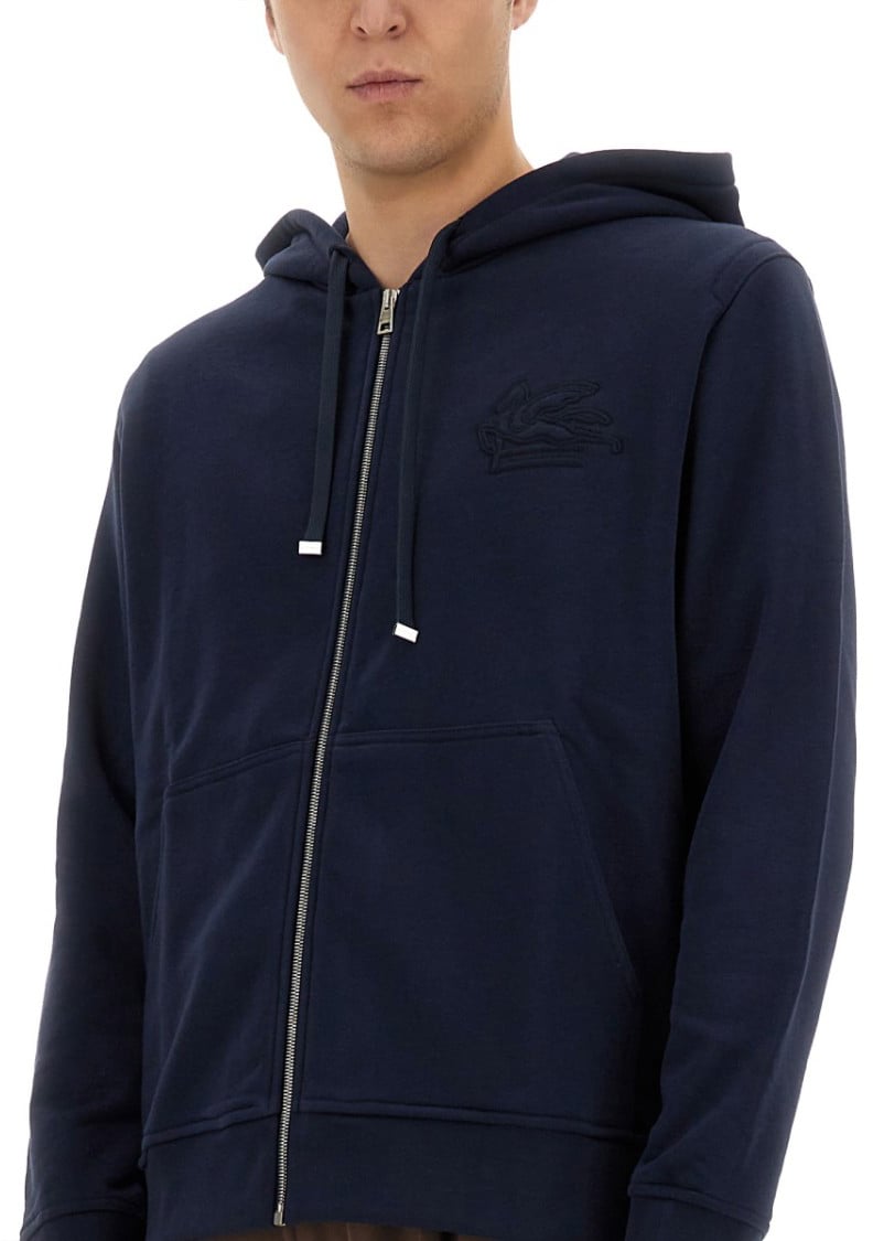 Etro Zip-Up Black Hoodie With Embossed Logo Blauw