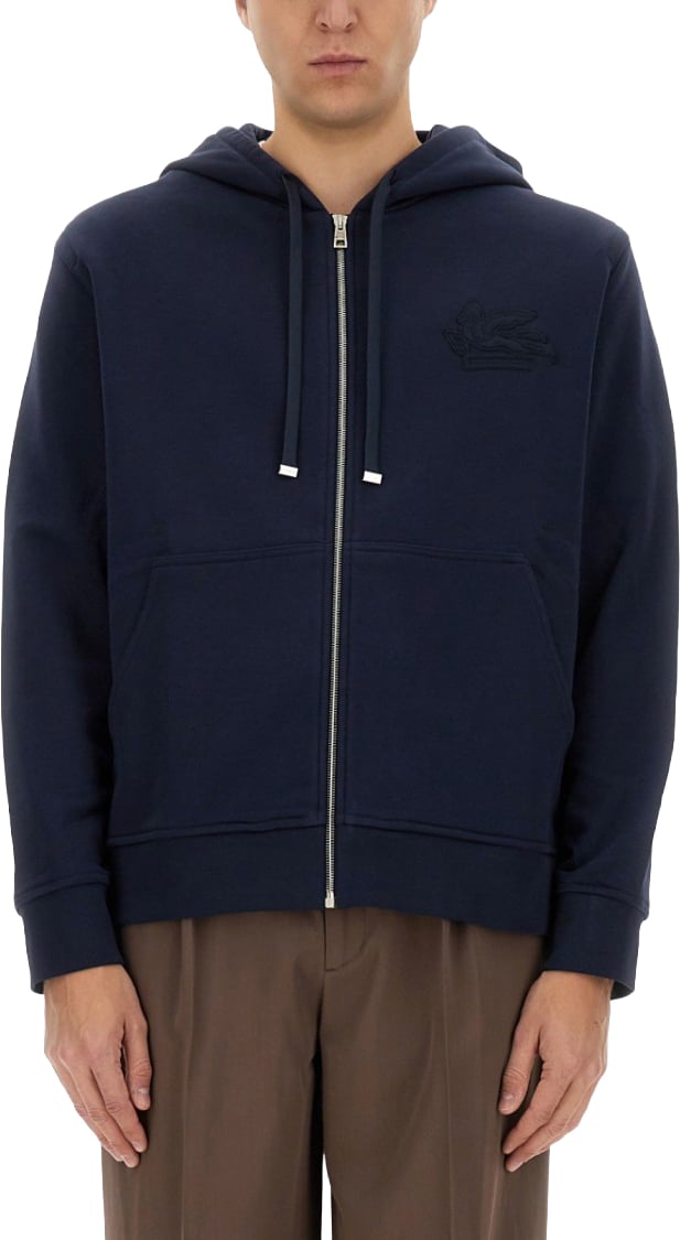 Etro Zip-Up Black Hoodie With Embossed Logo Blauw