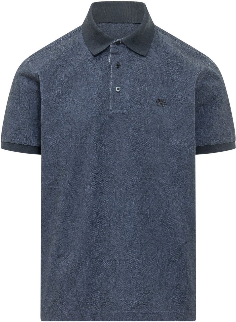 Etro Polo Roma con Colletto e Stampa Paisley Blauw
