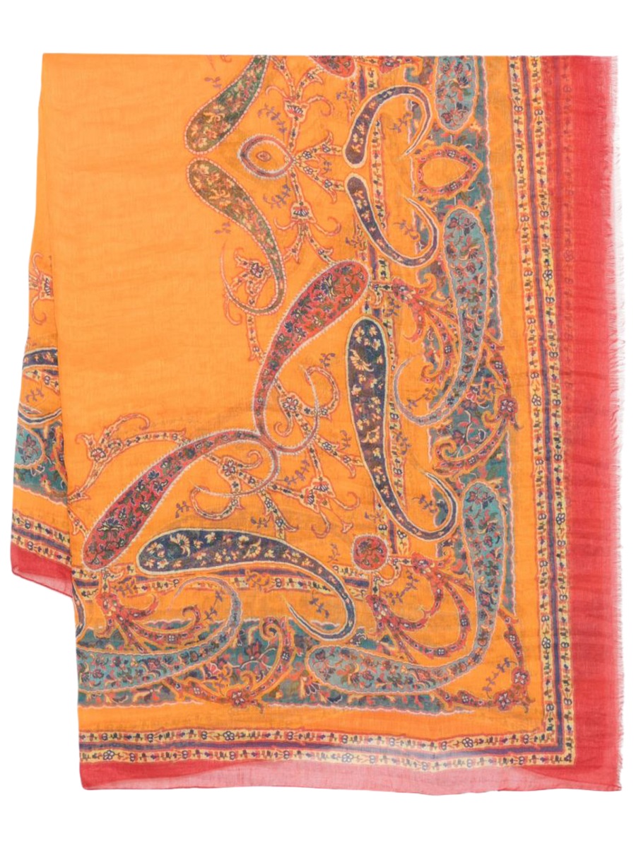Etro Orange Large Paisley Fringed Scarf Geel
