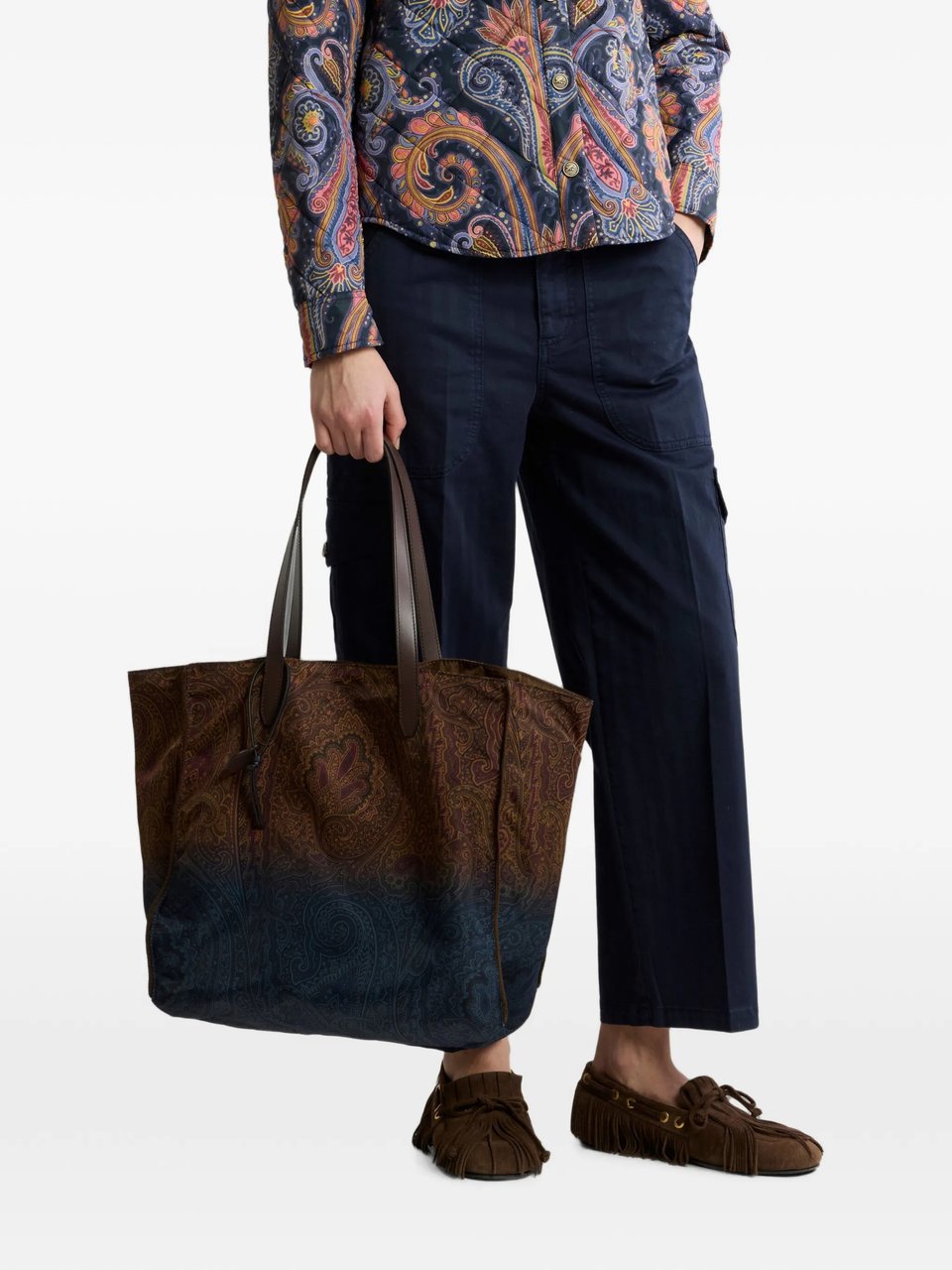 Etro Gradient Paisley Print Tote Bag With Leather Accents Bruin
