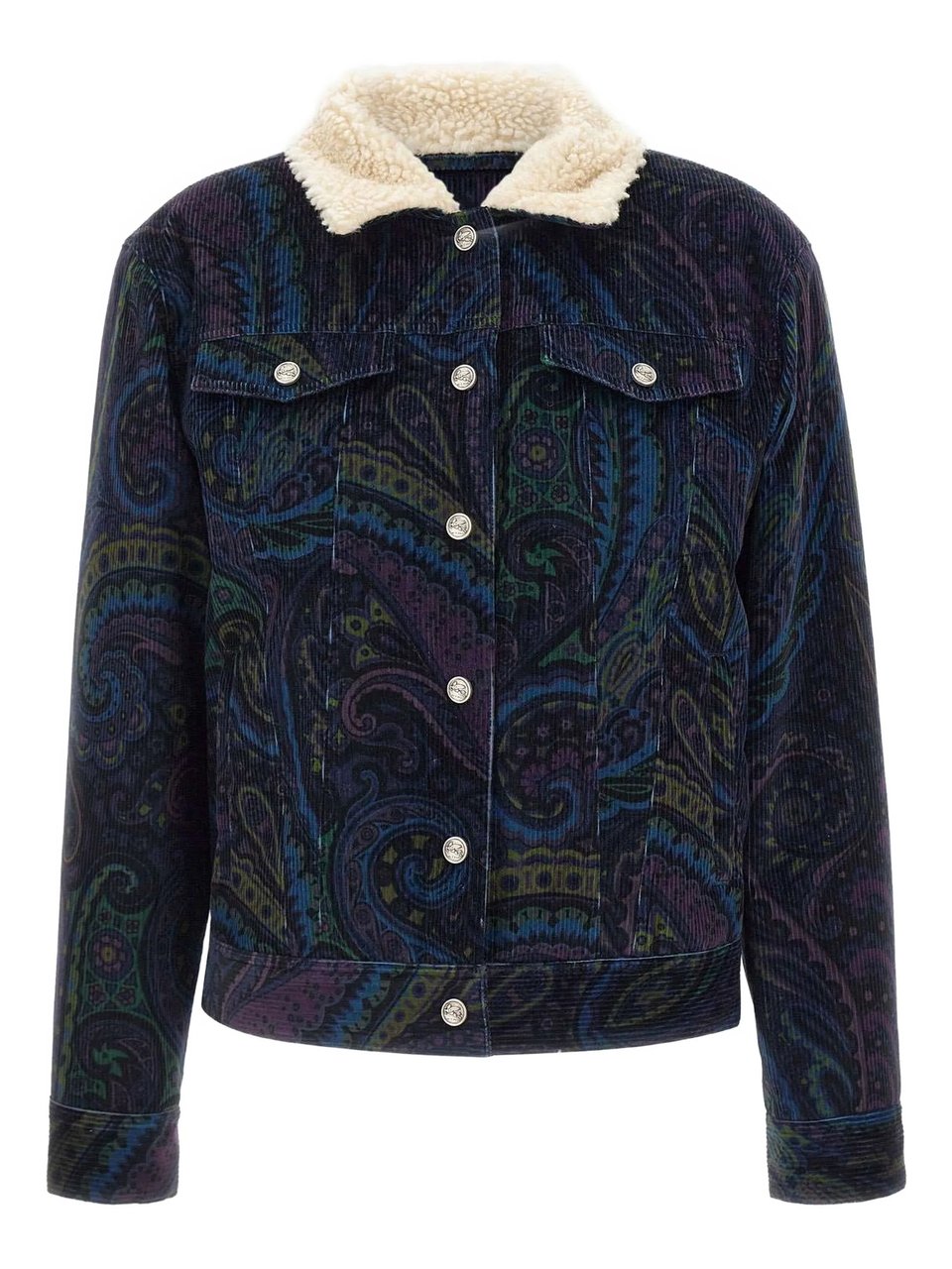 Etro Cropped Paisley Pattern Corduroy Sherpa Jacket Zwart