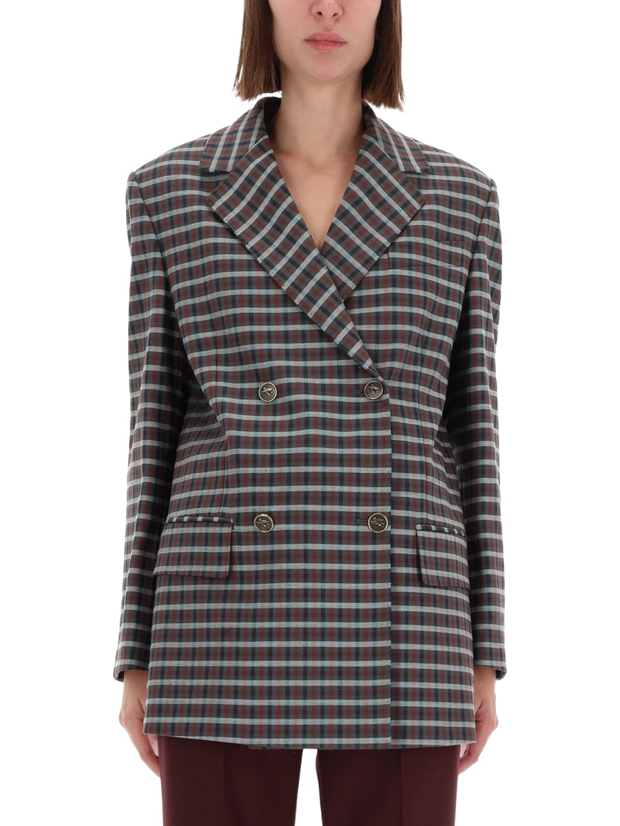 Etro Checkered Double-Breasted Blazer Grijs
