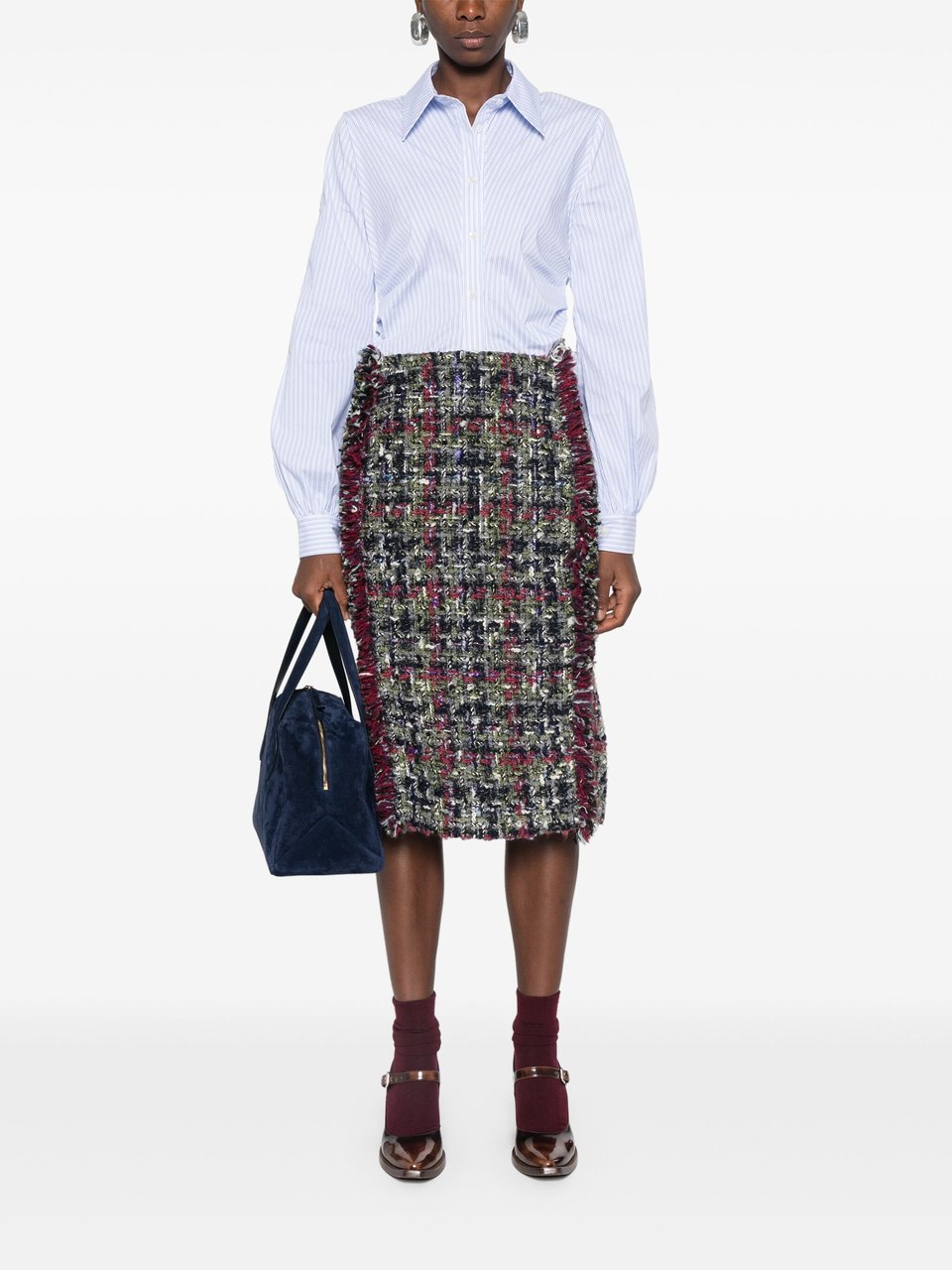 Etro Multicolor Knee-Length Textured Wool Tweed Skirt Grijs