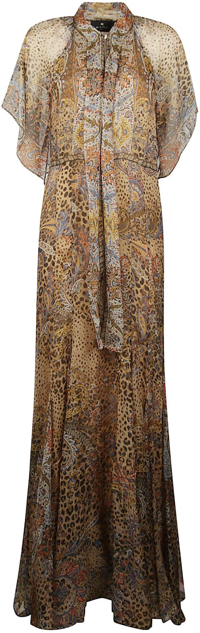 Etro Short Sleeve Animalier Motif Maxi Godet Dress Brown Bruin