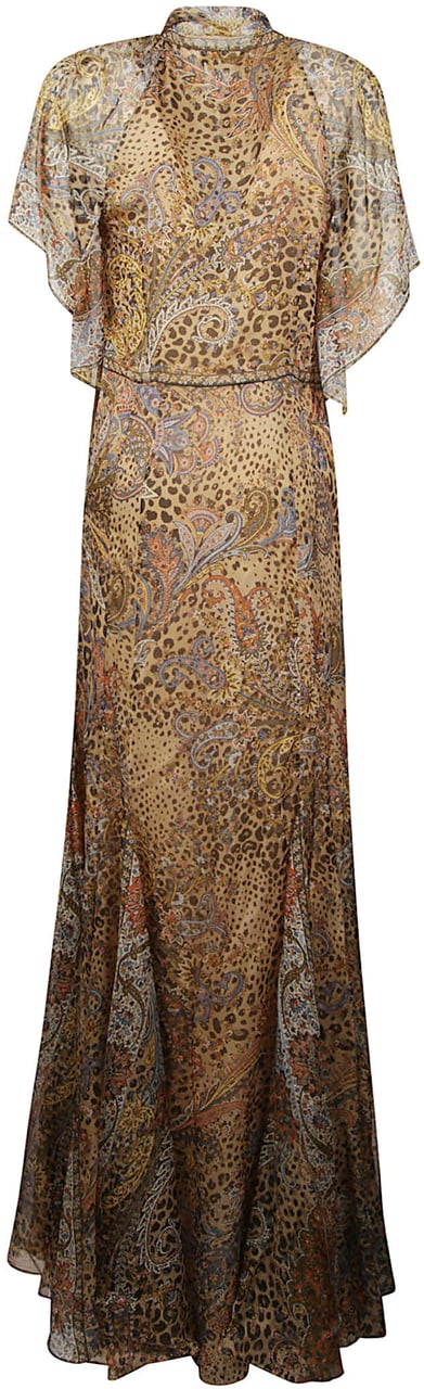 Etro Short Sleeve Animalier Motif Maxi Godet Dress Brown Bruin