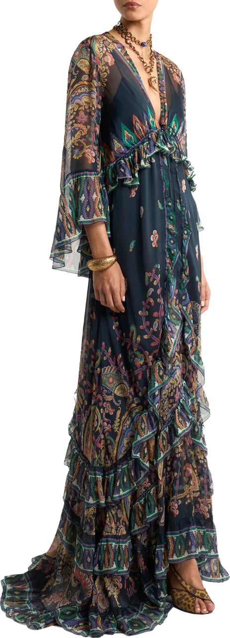 Etro Black Maxi Flared Paisley Ruffled Dress Zwart