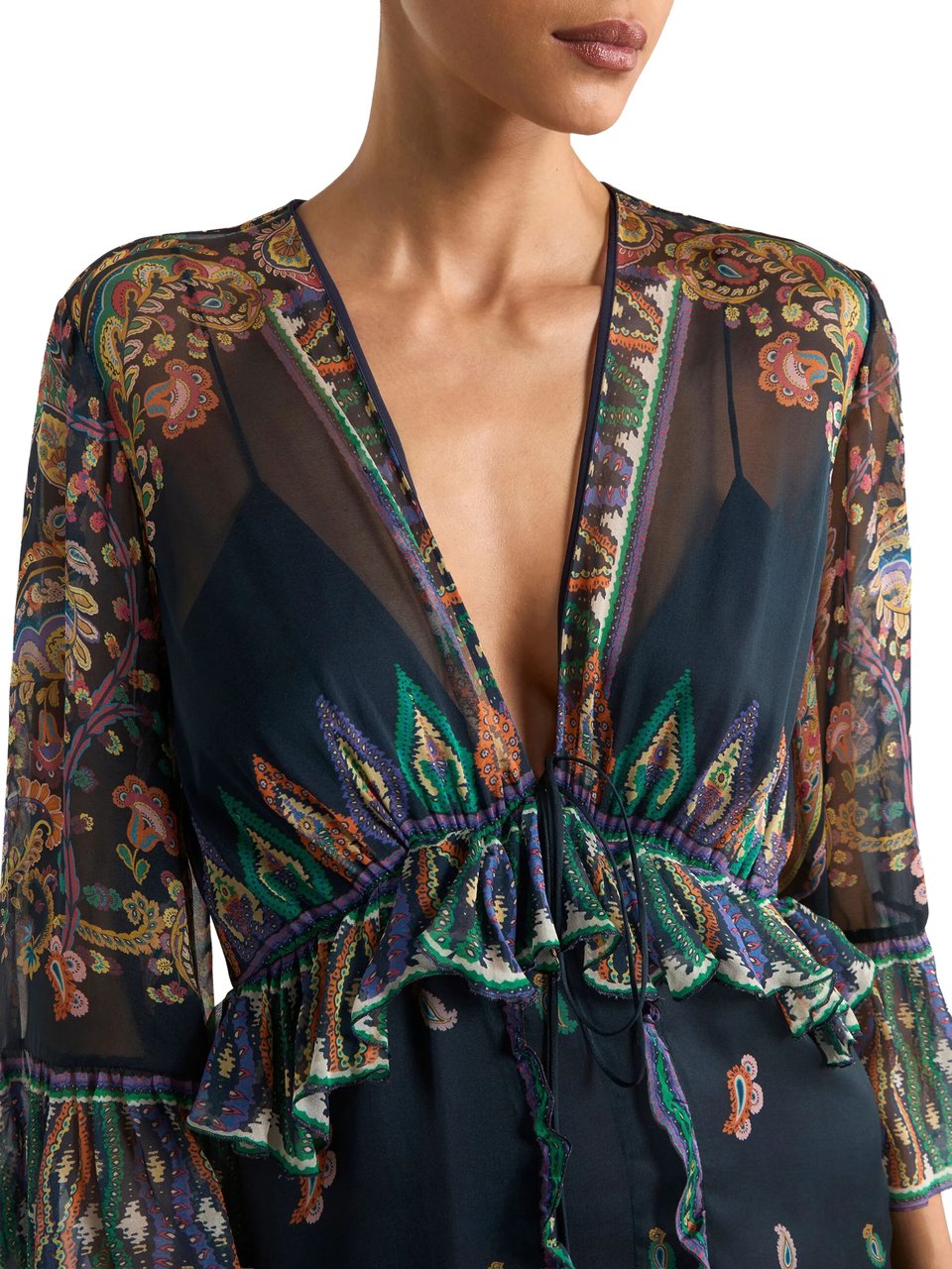 Etro Black Maxi Flared Paisley Ruffled Dress Zwart