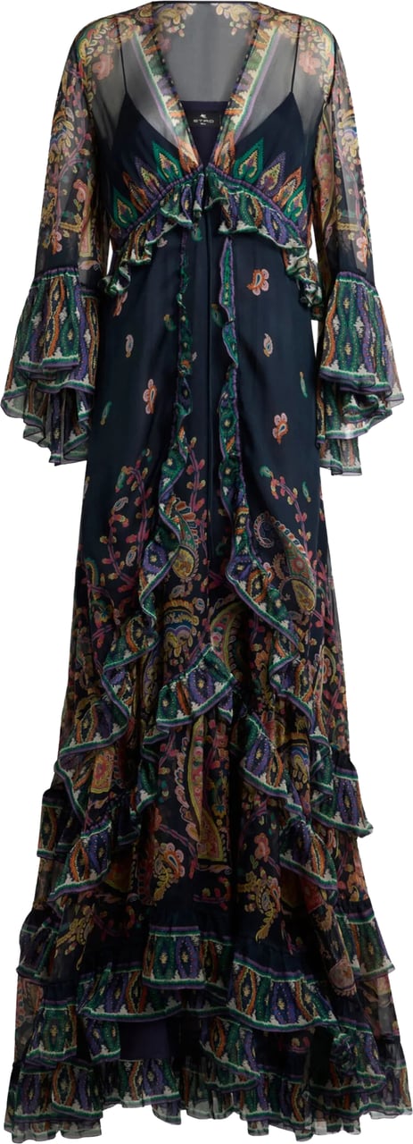 Etro Black Maxi Flared Paisley Ruffled Dress Zwart