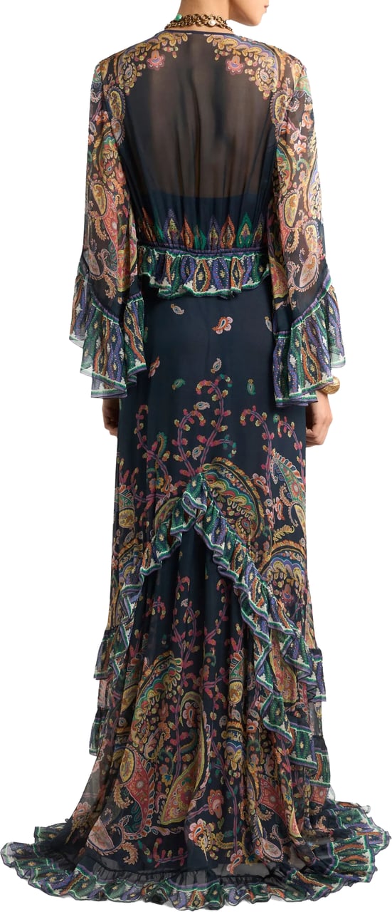 Etro Black Maxi Flared Paisley Ruffled Dress Zwart