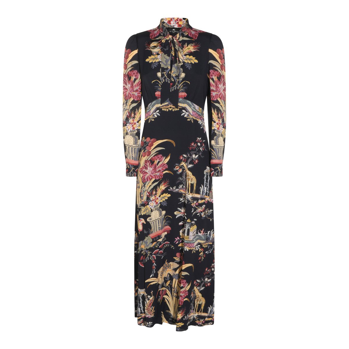 Etro Viscose Maxi Dress With High Collar And Floral Print Zwart